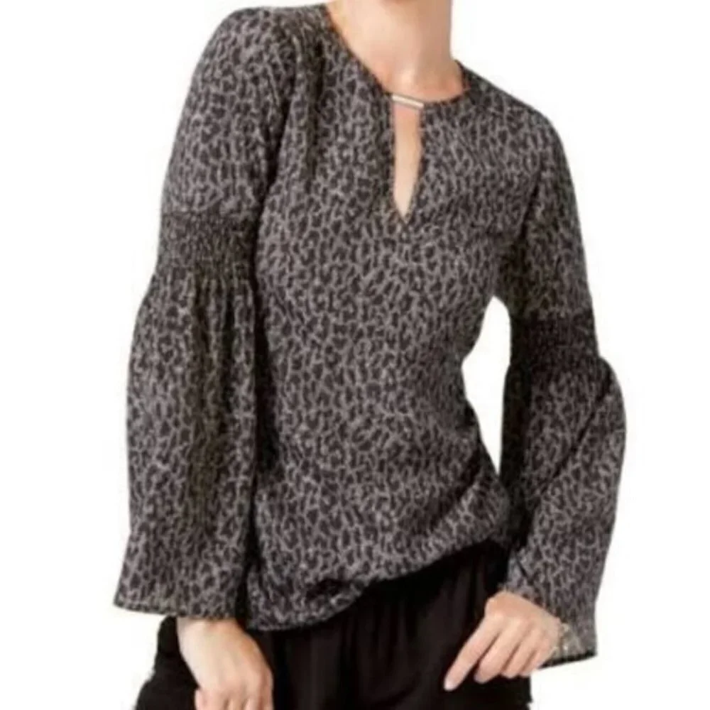 Michael Kors Womens Black Floral Long Bell Sleeve Peasant Blouse Sz M New